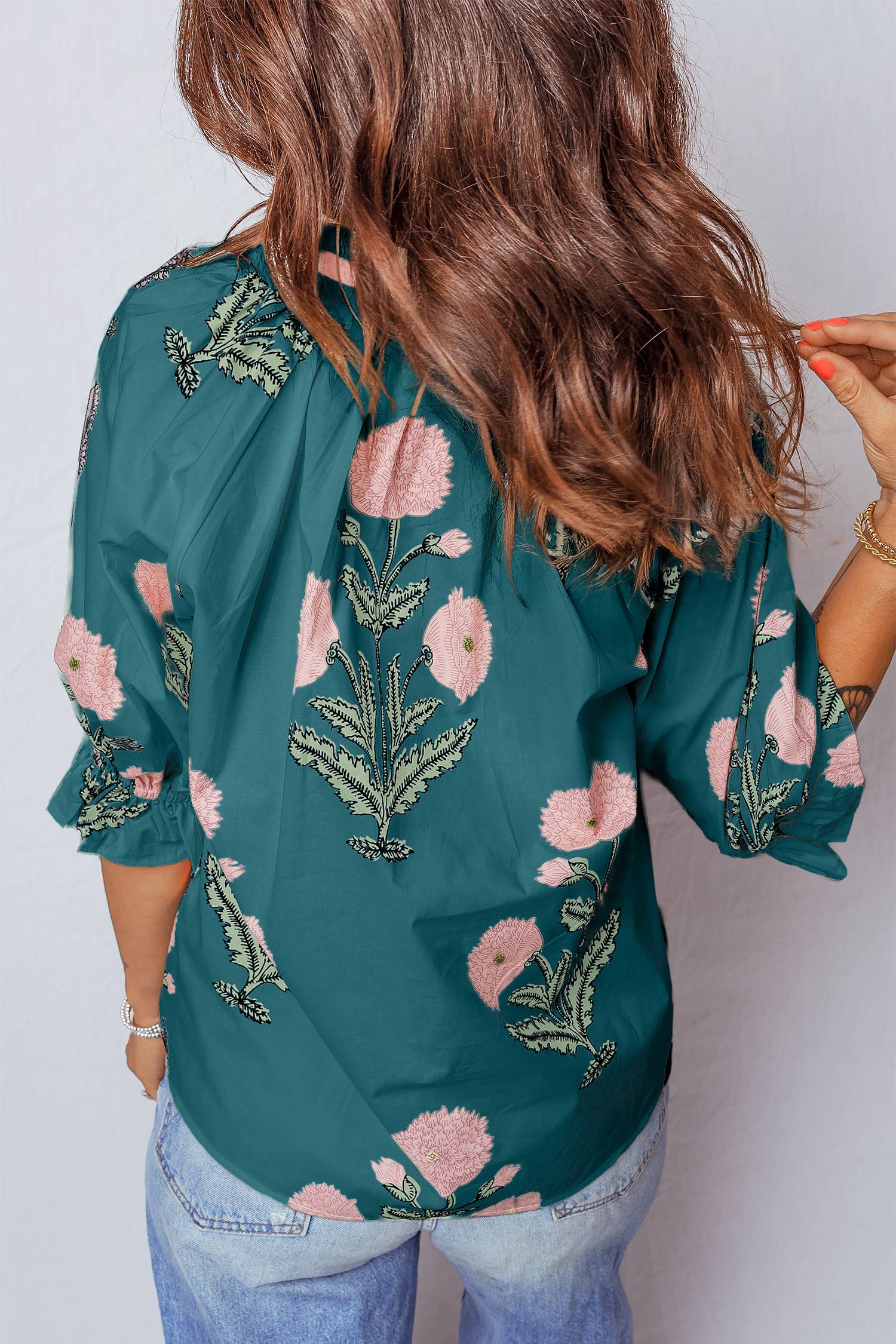 Wild Flower Print V Neck 3/4 Sleeve Blouse