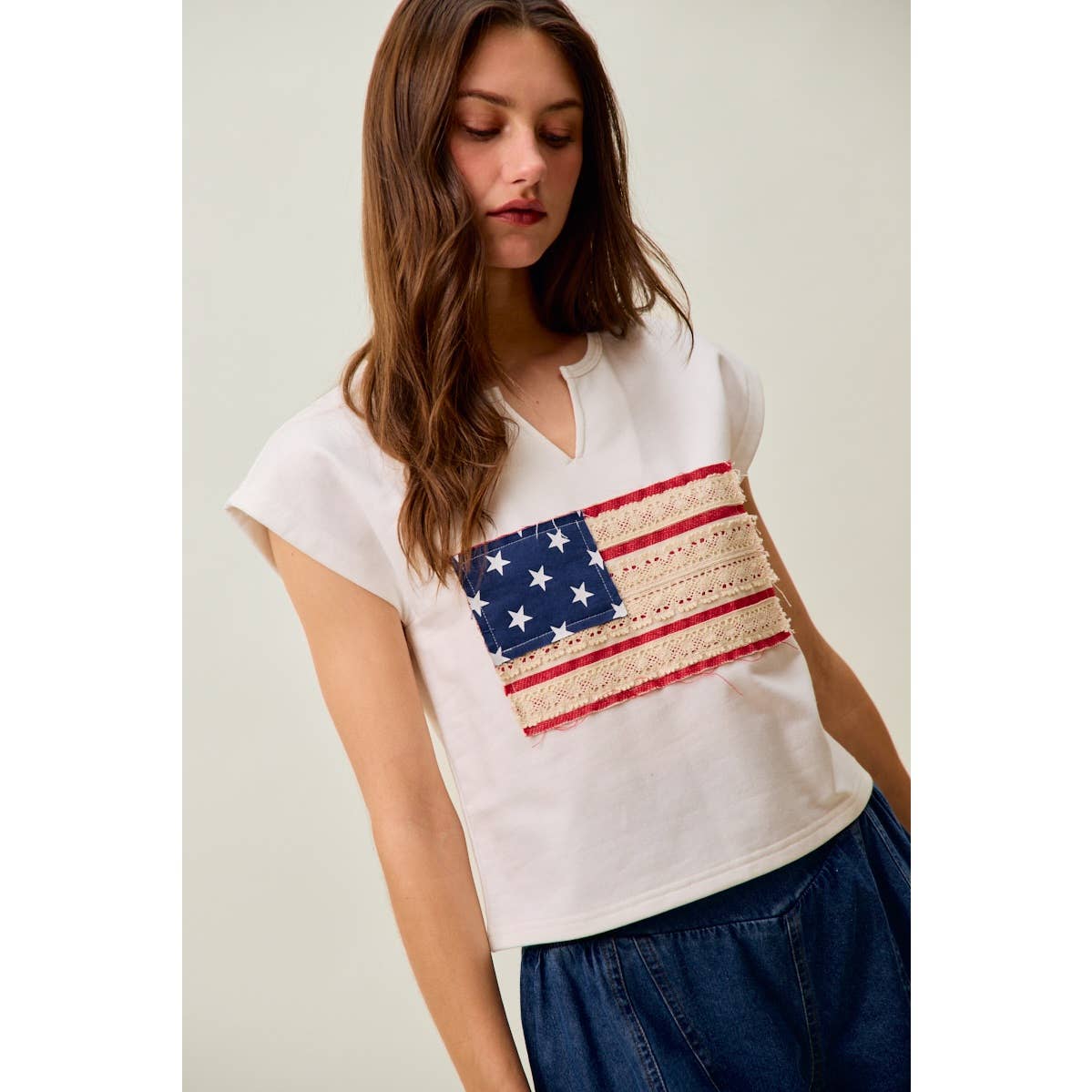 LACE TRIMMED AMERICAN FLAG FOURTH OF JULY 🇺🇸 TERRY KNIT TOP
