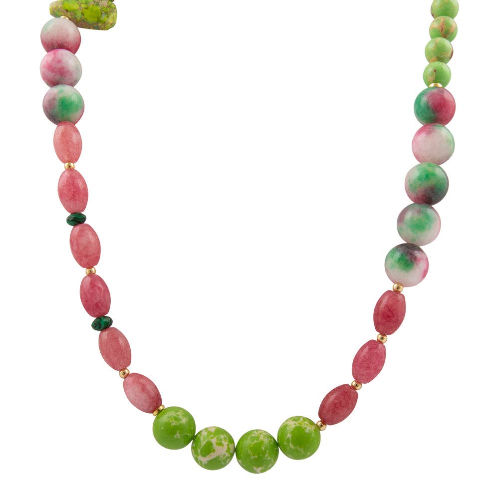 Watermelon Pink Quartz and Lime Green Jasper Long Golden Necklace
