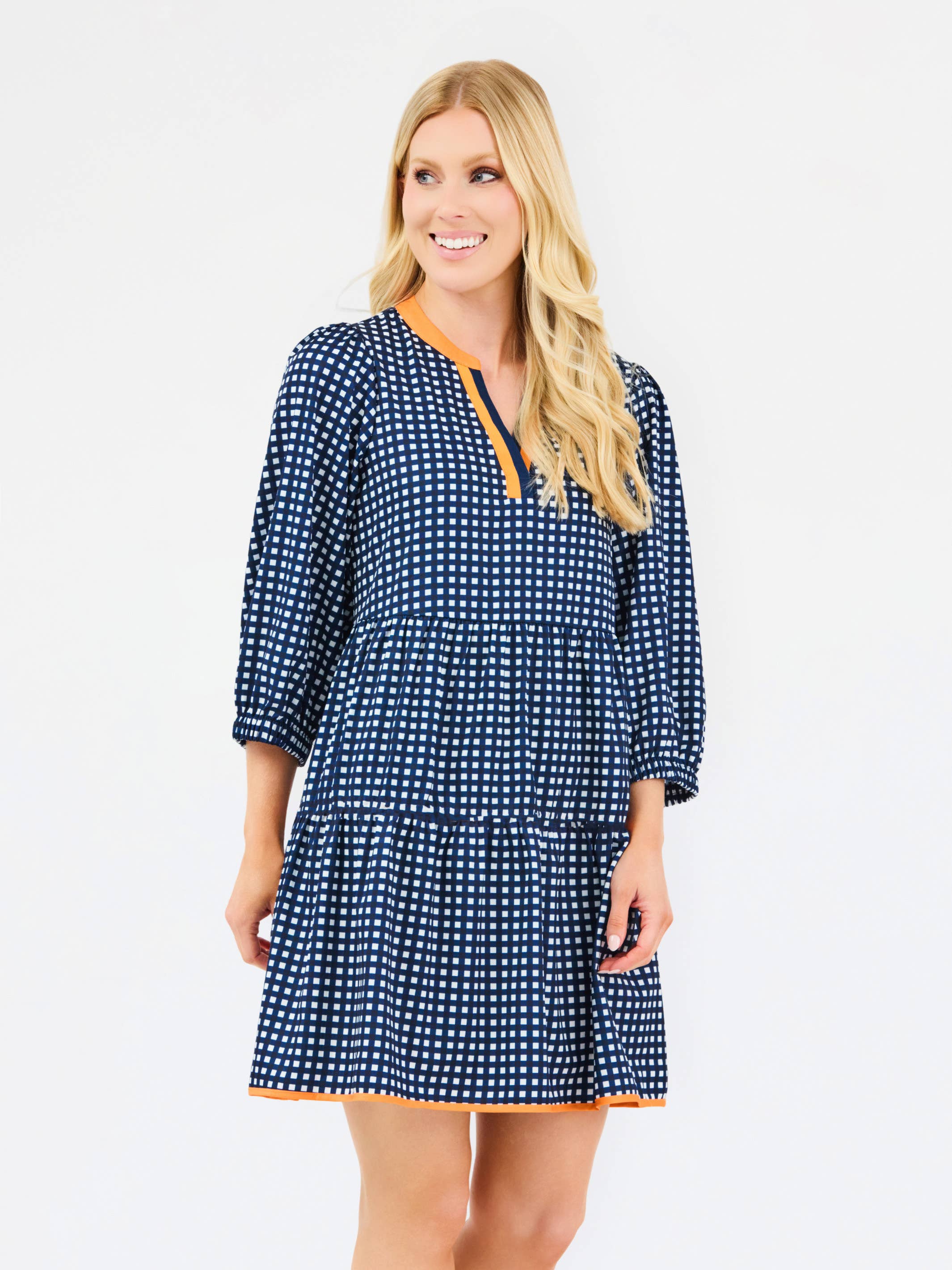 Cooper Dress | Gingham Navy + Orange