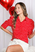 Collared Neck Puff Sleeve Hearts Printed Blouse Top