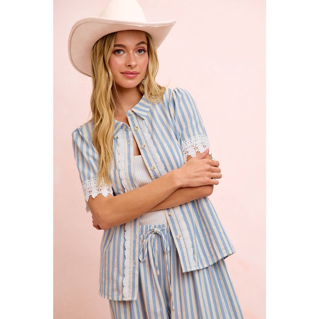 STRIPES LACE TRIM DETAIL SHORT SLEEVES BLOUSE