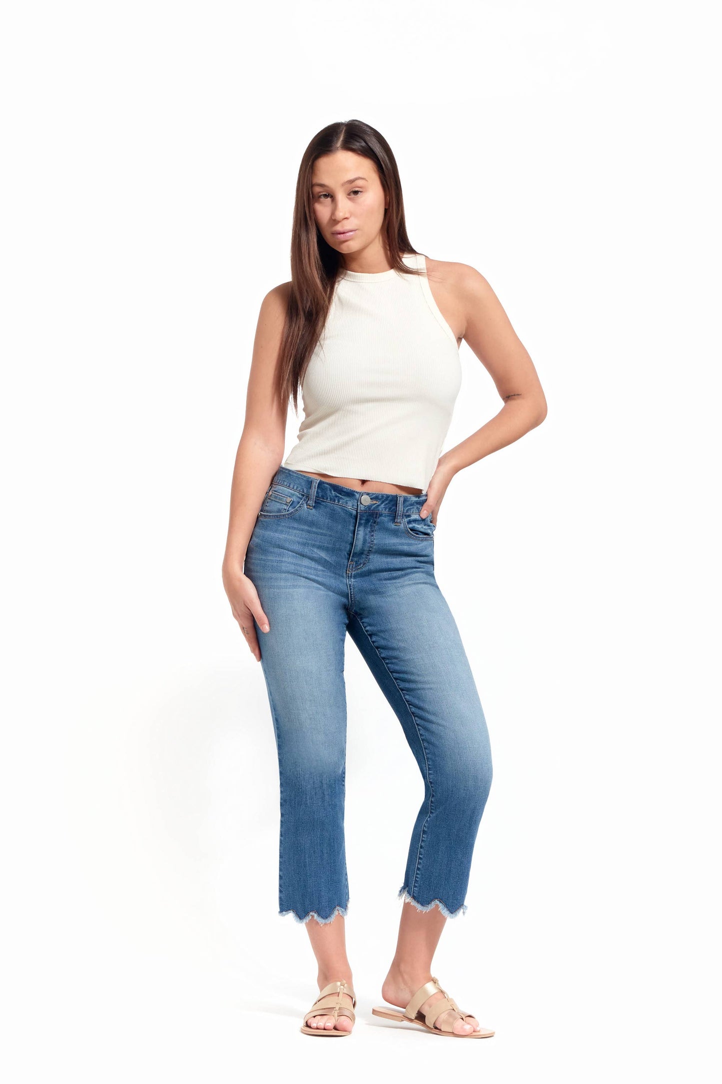 Cropped Straight Leg Jean w/ Scalloped Hem