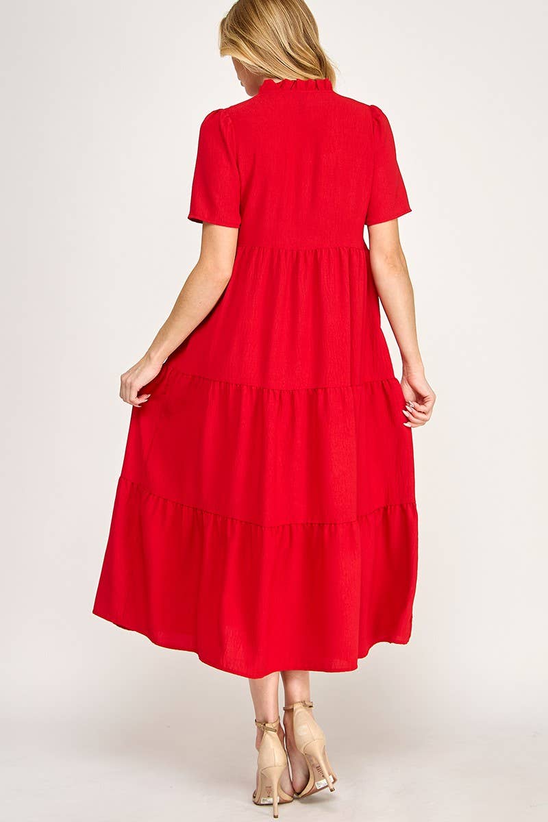 Solid Ruffled Neck Maxi Dress