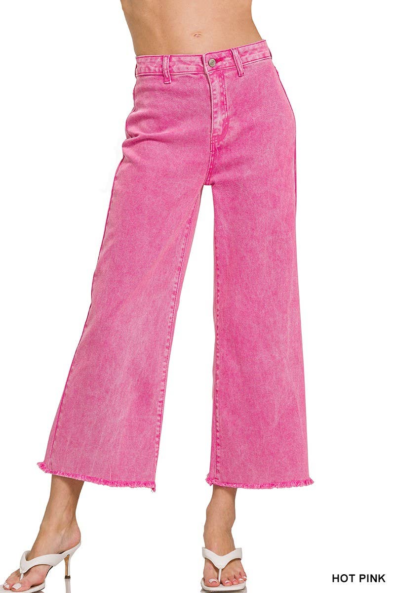 Washed ,High Waist ,Frayed Hem Straight Pants