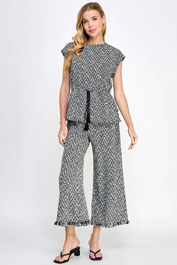 Chevron Wide-Leg Pants with Fringe Hem.