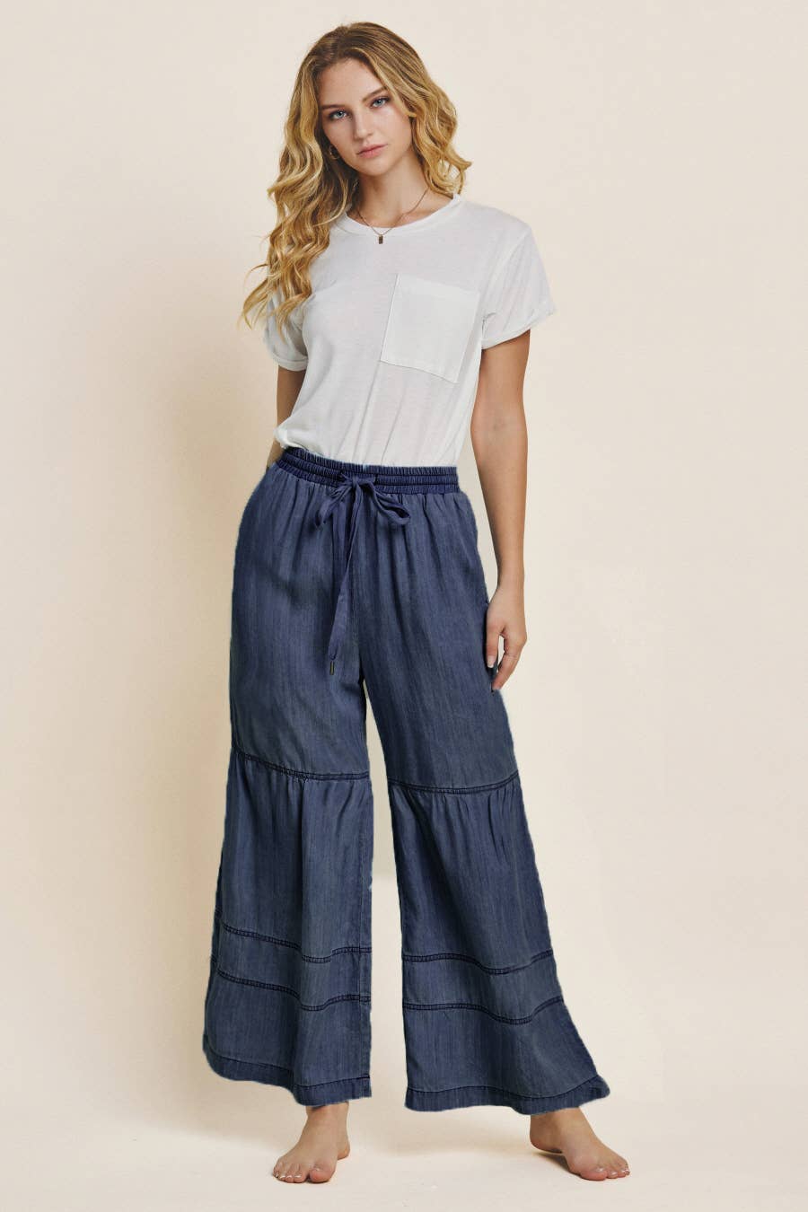 Washed Denim Wide Leg Pants