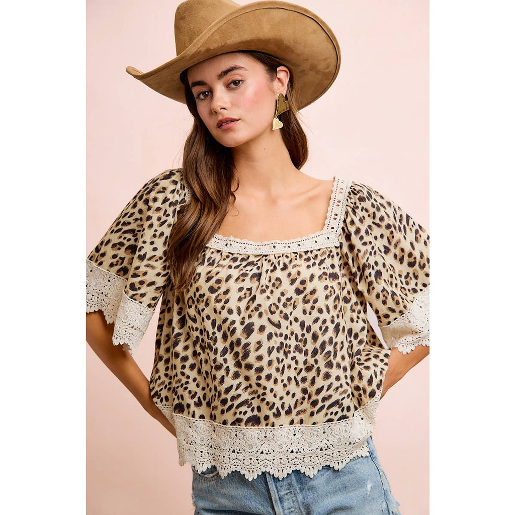 LEOPARD LACE MIX AND MATCH SQUARE NECKLINE TOP