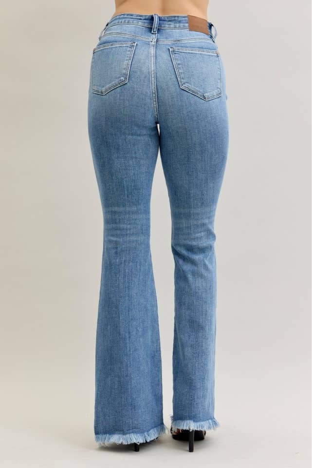 High Waisted Flare Front Pintuck Detail & Fray Hem