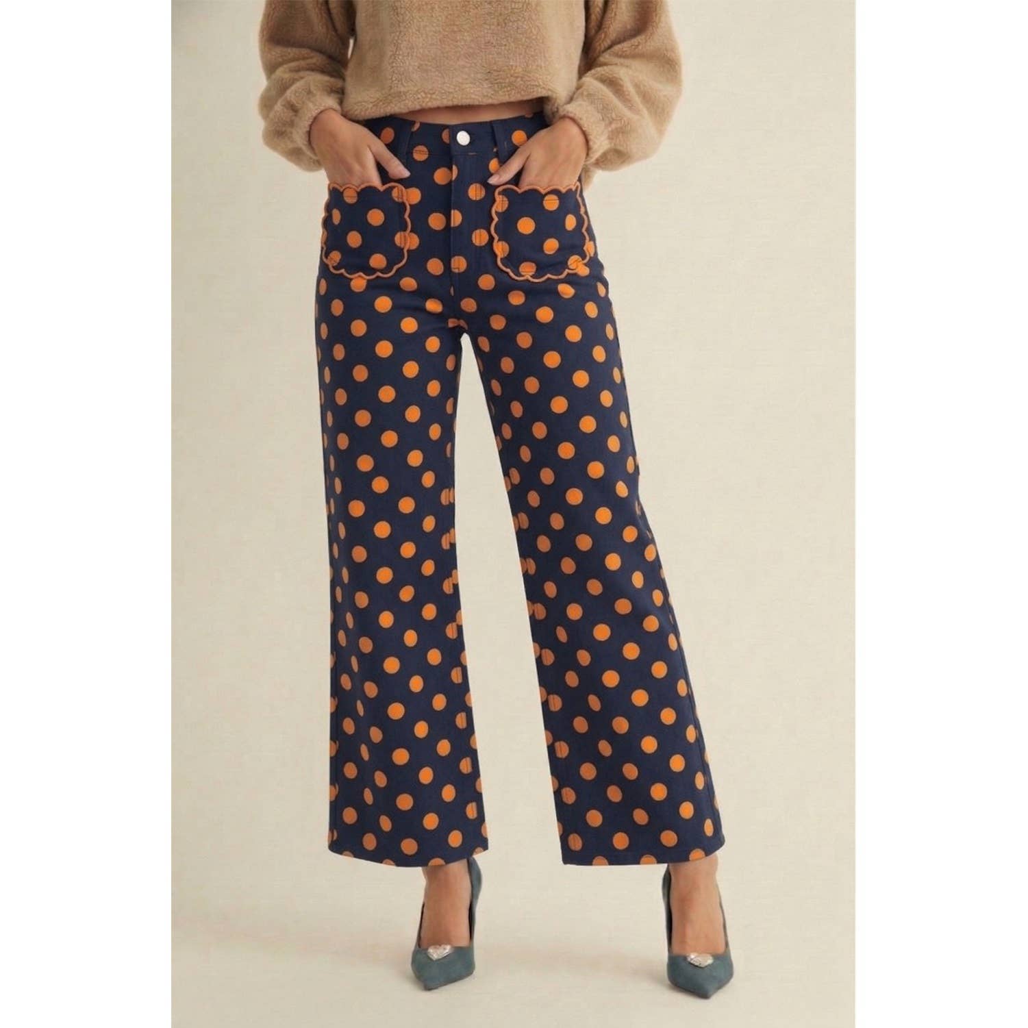 Polka Dots Scallop Pocket Wide Leg Pants