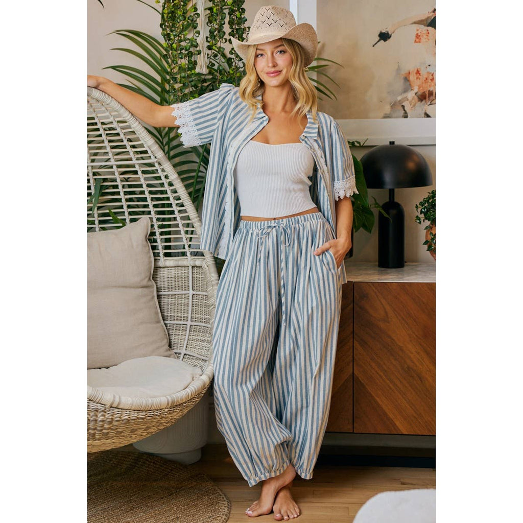 STRIPES LACE TRIM DETAIL SHORT SLEEVES BLOUSE
