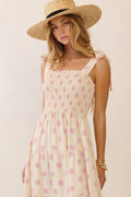 Polka Dot Sleeveless Tired Midi Dress With Smocked Top
