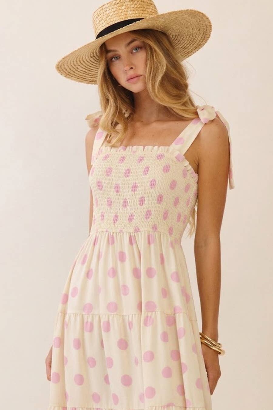 Polka Dot Sleeveless Tired Midi Dress With Smocked Top