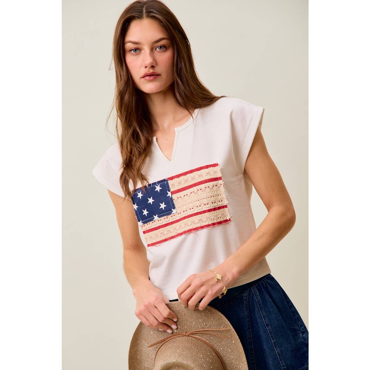 LACE TRIMMED AMERICAN FLAG FOURTH OF JULY 🇺🇸 TERRY KNIT TOP