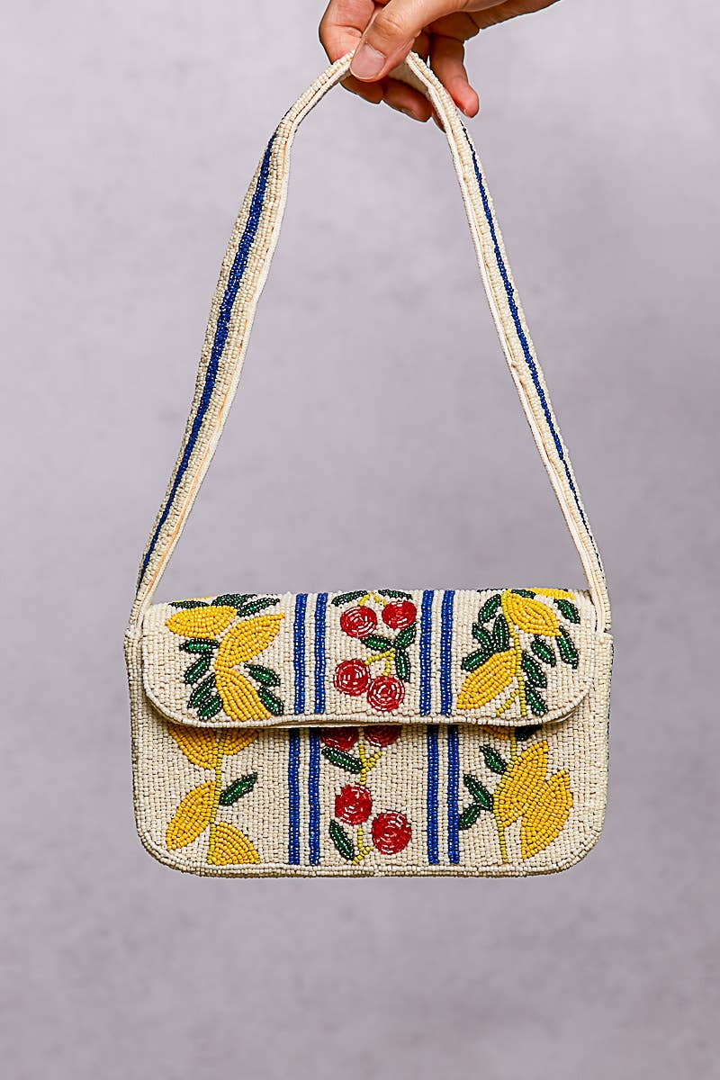 Beaded Cherry Pattern Flap Shoulder Bag