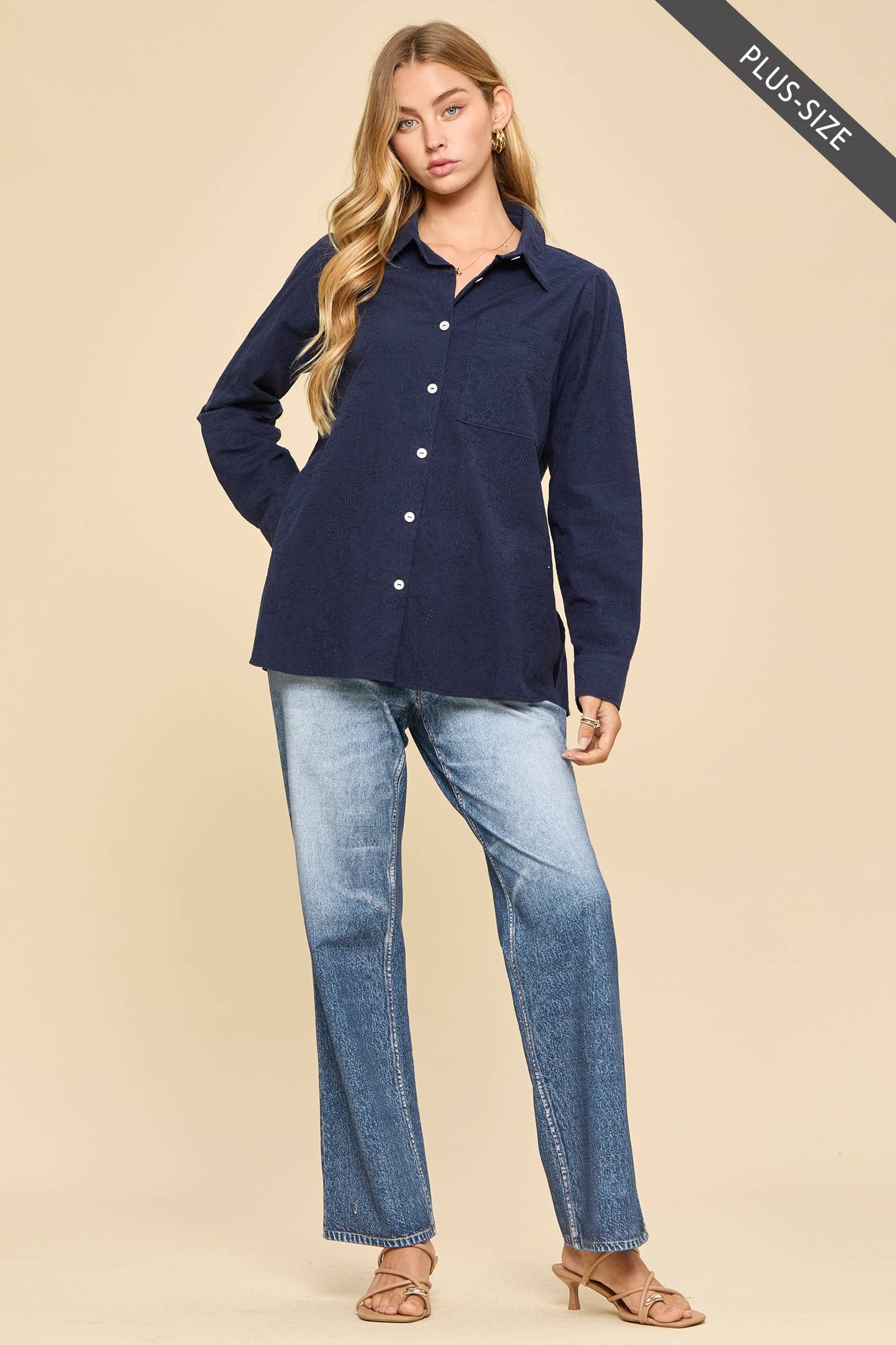 Curvy Embroidered Button-Up Blouse