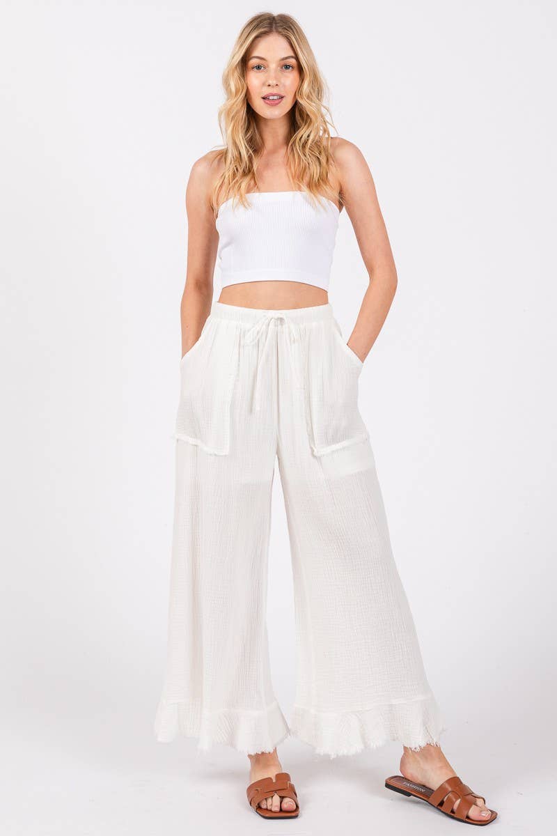 MINERAL WASHED WIDE RUFFLE PANTS