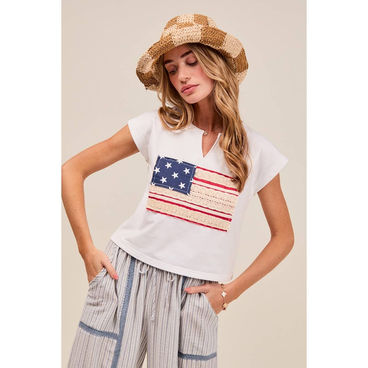 LACE TRIMMED AMERICAN FLAG FOURTH OF JULY 🇺🇸 TERRY KNIT TOP