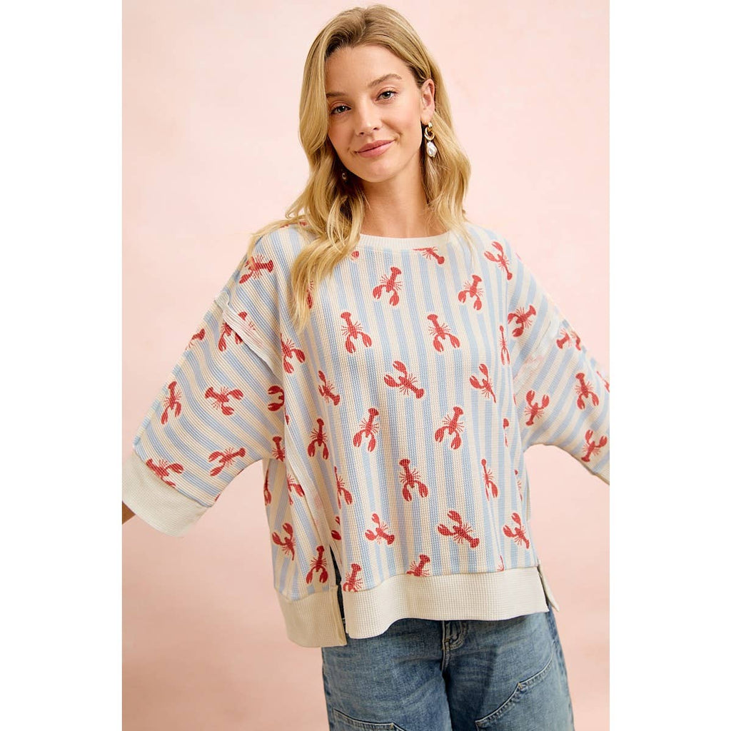 4TH OF JULY LOBSTERS STRIPE WAFFLE KNIT SLEEVE TOP