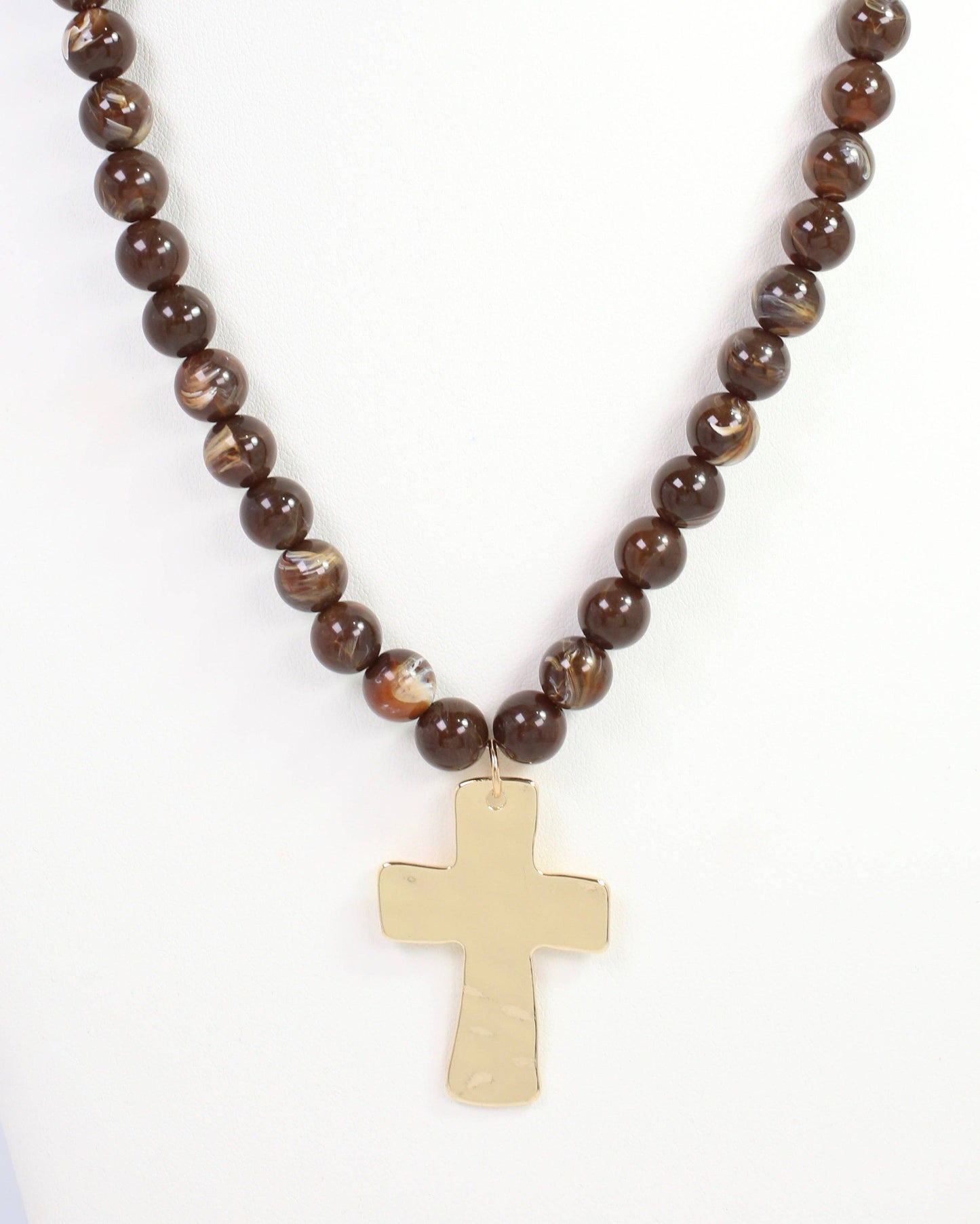 Bakersfield Beaded Cross Necklace Brown