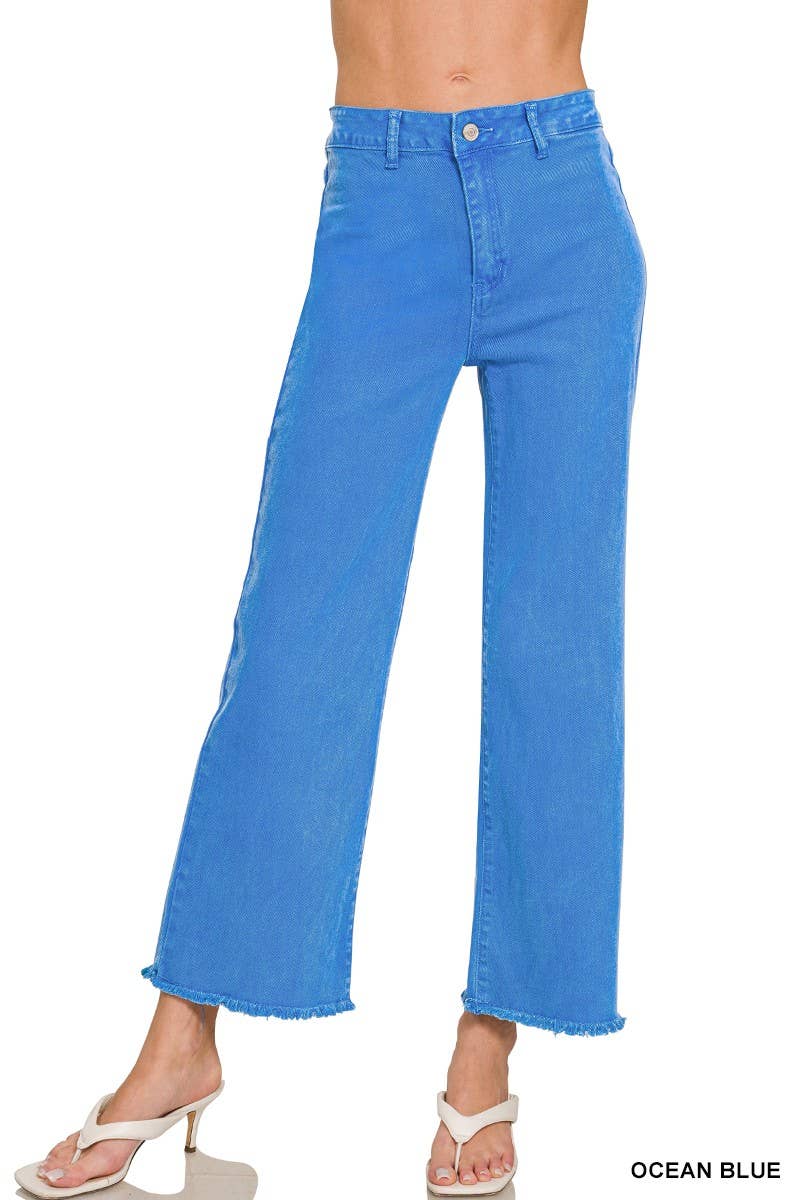 Acid Washed Frayed Cutoff Hem Straight Wide Pants