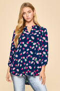Strawberry Print Mandarin Collar 3/4 Sleeve Blouse