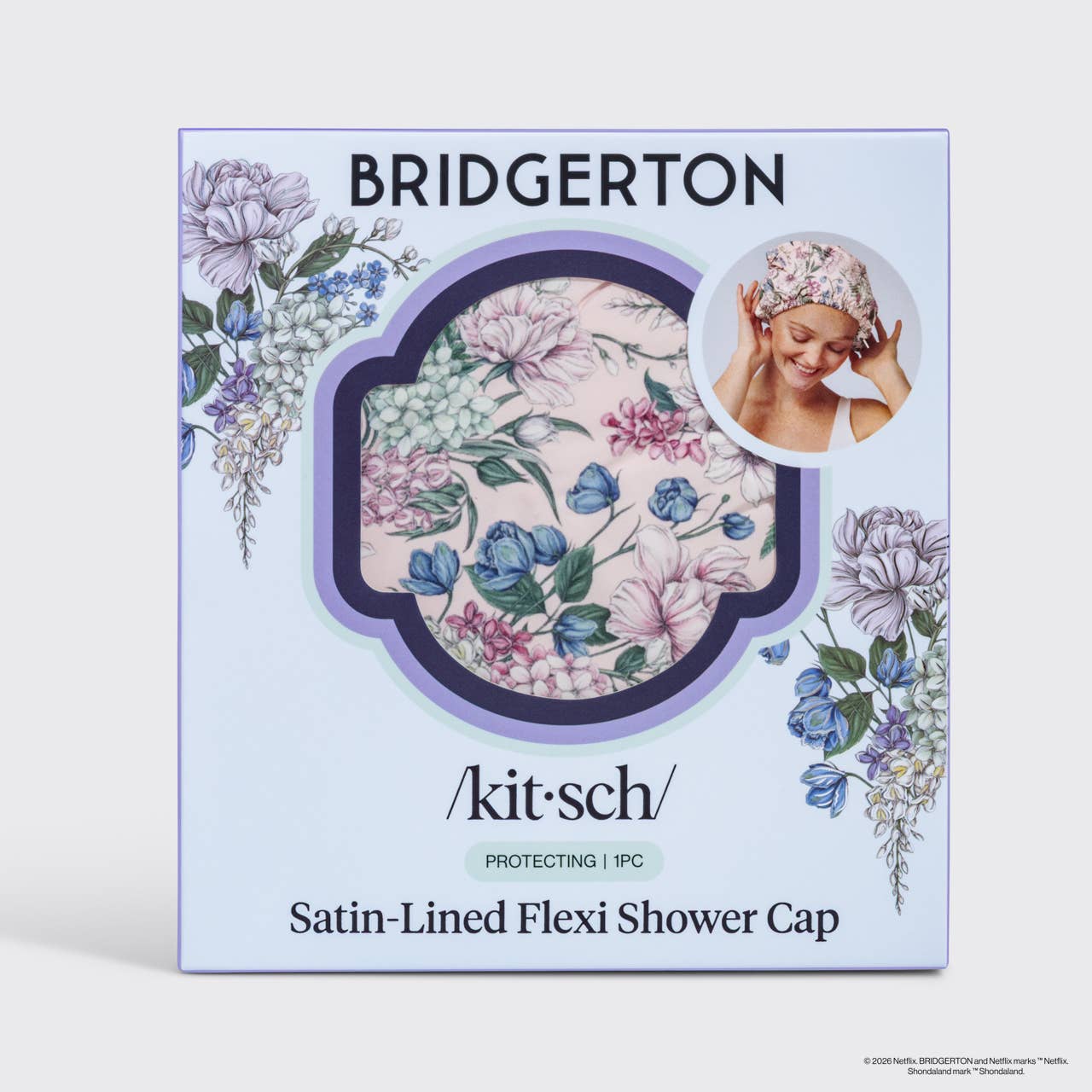 Bridgerton x Kitsch Satin-Lined Flexi Shower Cap in Wisteria