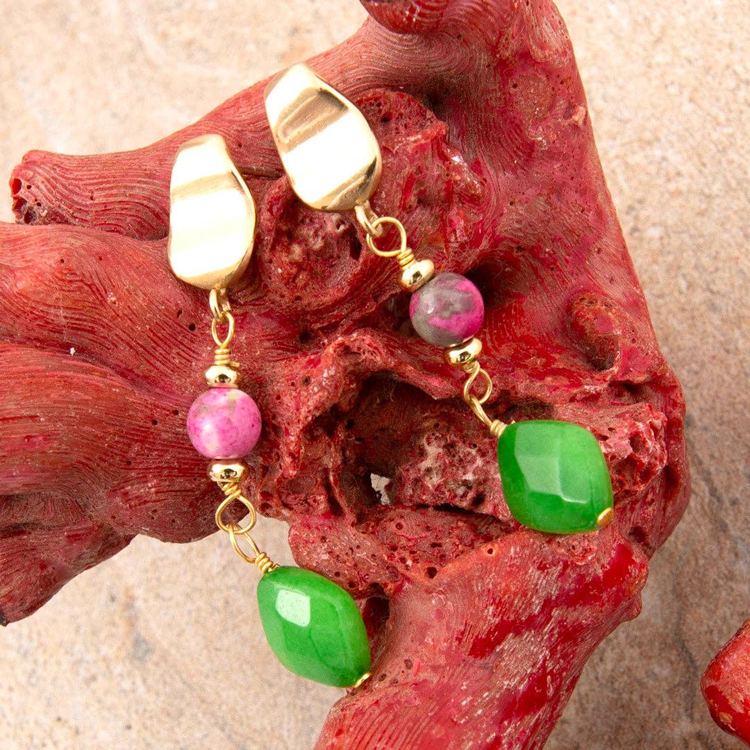 Watermelon Green Jade Golden Post Earrings