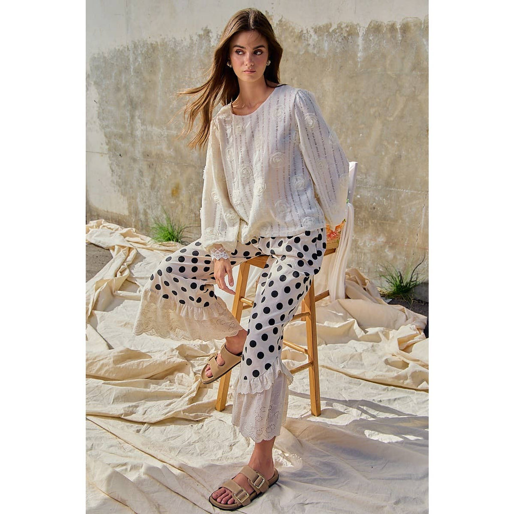 LINEN BLEND POLKA DOT PRINTED RUFFLE LACE HEM PANTS