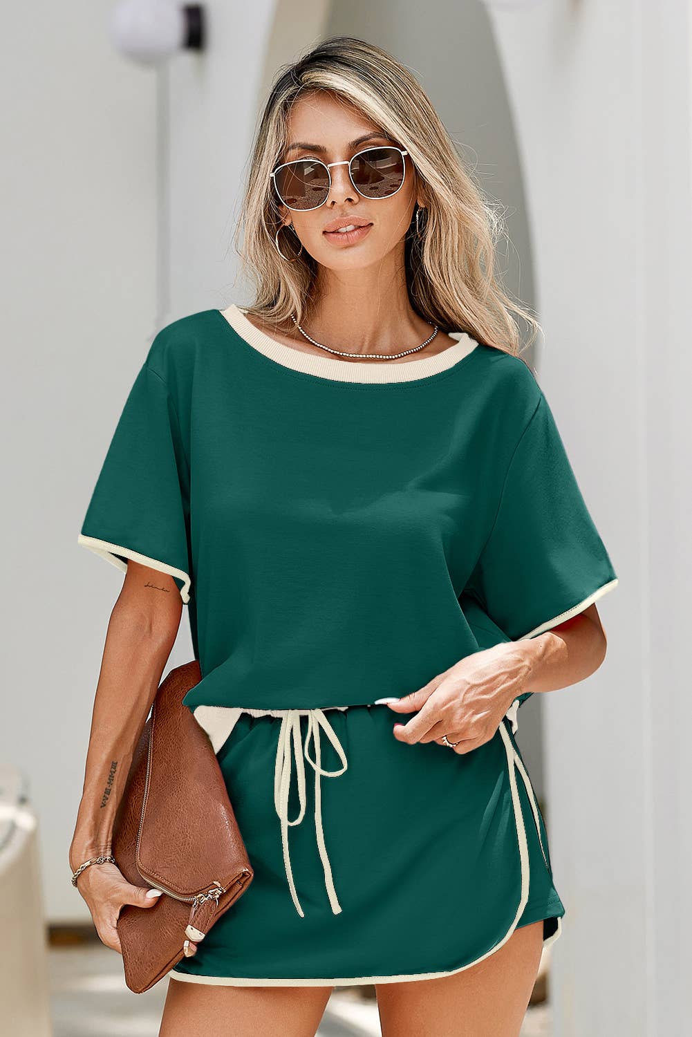 Colorblock Edge Drop Shoulder T Shirt and Skirt 2Pcs Set