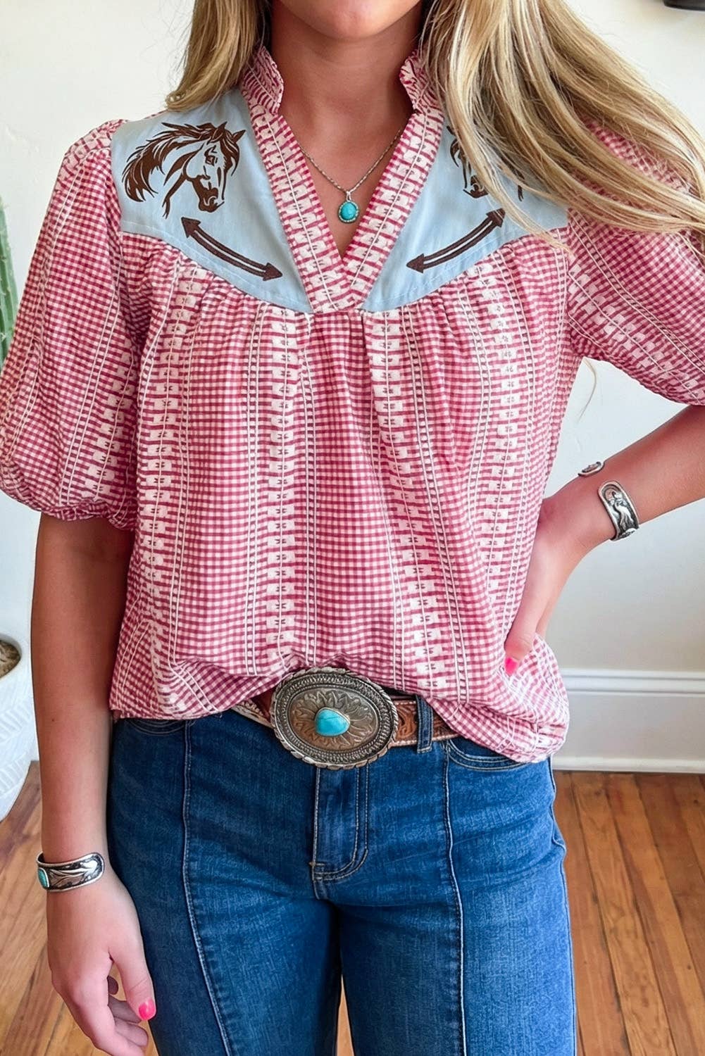 Western Pony Embroidered Yoke Puff Sleeve Gingham Blouse
