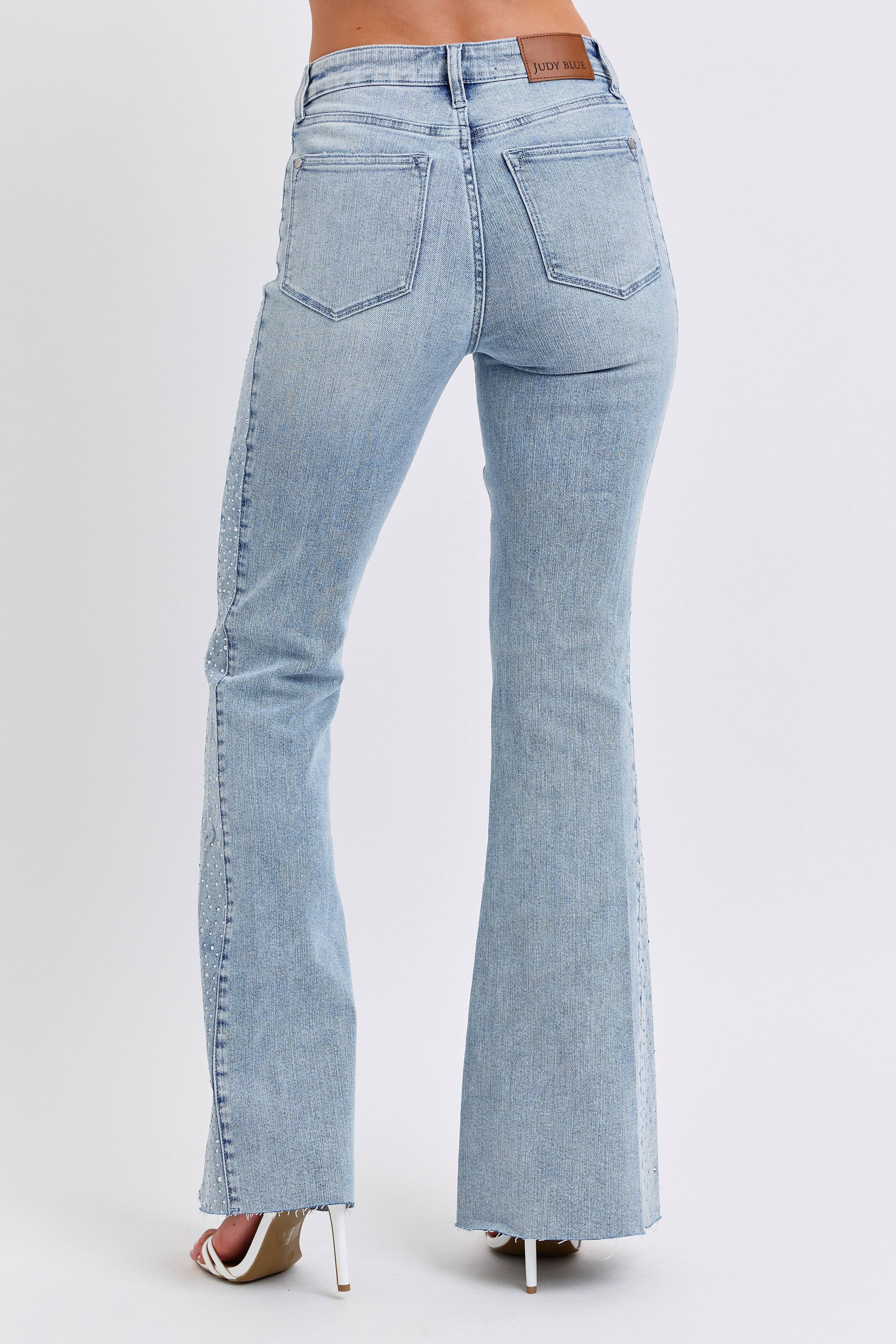 Mid- Rise Rhinestone Side Panel Detail Flare