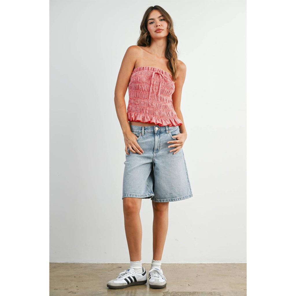 Bow Front Ruffle-Trimmed Tube Top -
