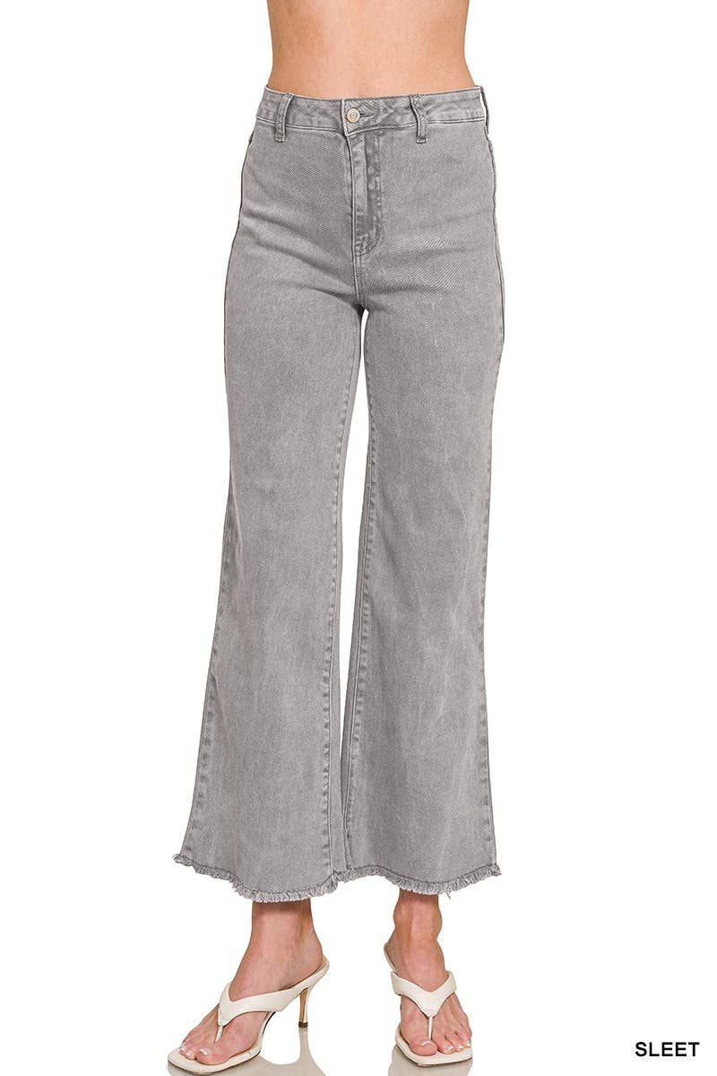 Acid Washed Frayed Cutoff Hem Straight Wide Pants