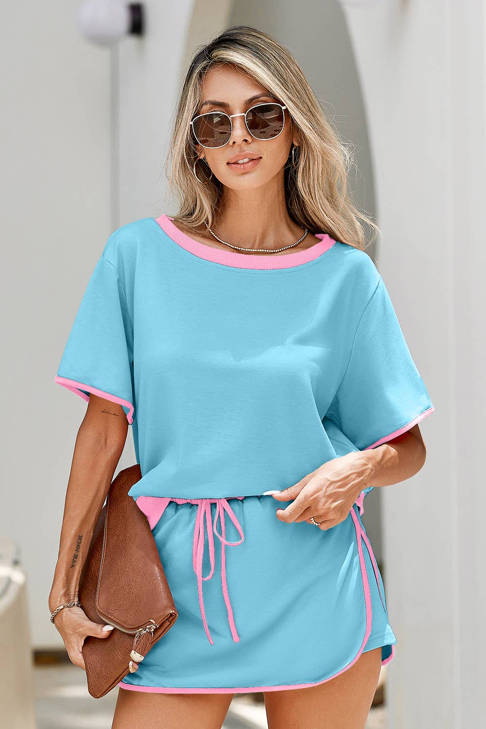 Colorblock Edge Drop Shoulder T Shirt and Skirt 2Pcs Set