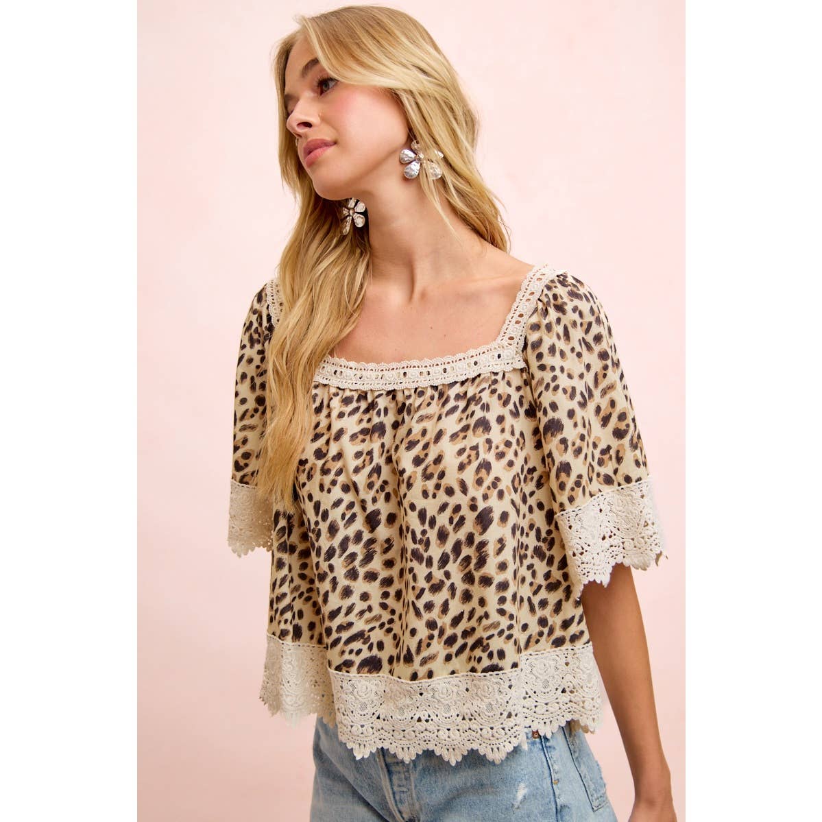 LEOPARD LACE MIX AND MATCH SQUARE NECKLINE TOP