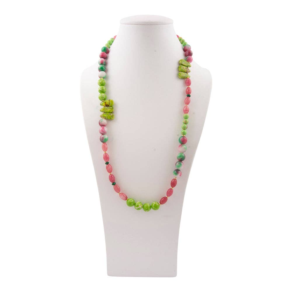 Watermelon Pink Quartz and Lime Green Jasper Long Golden Necklace