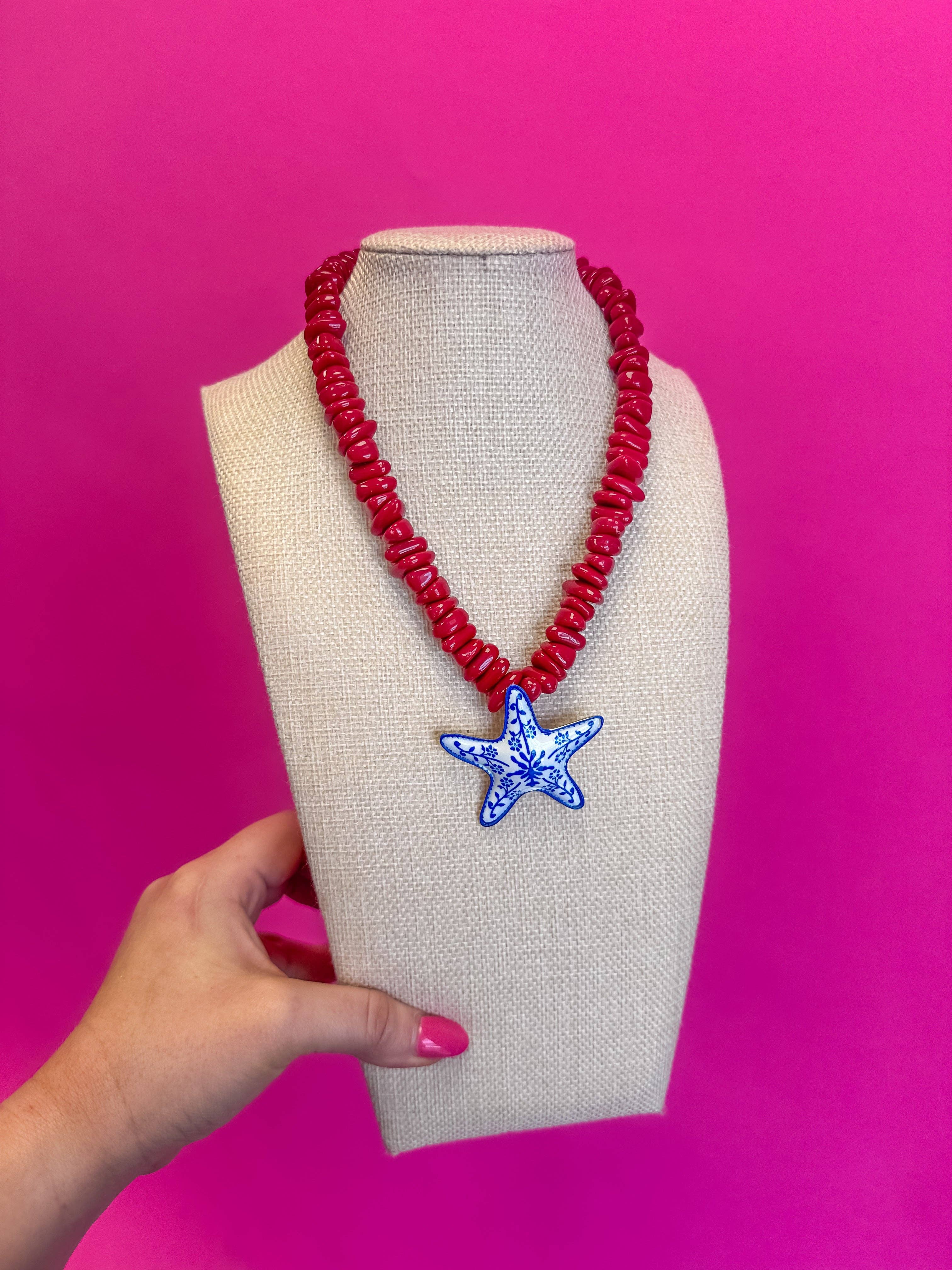 Summer Pendant Necklace - Star Fish - Blue and Red