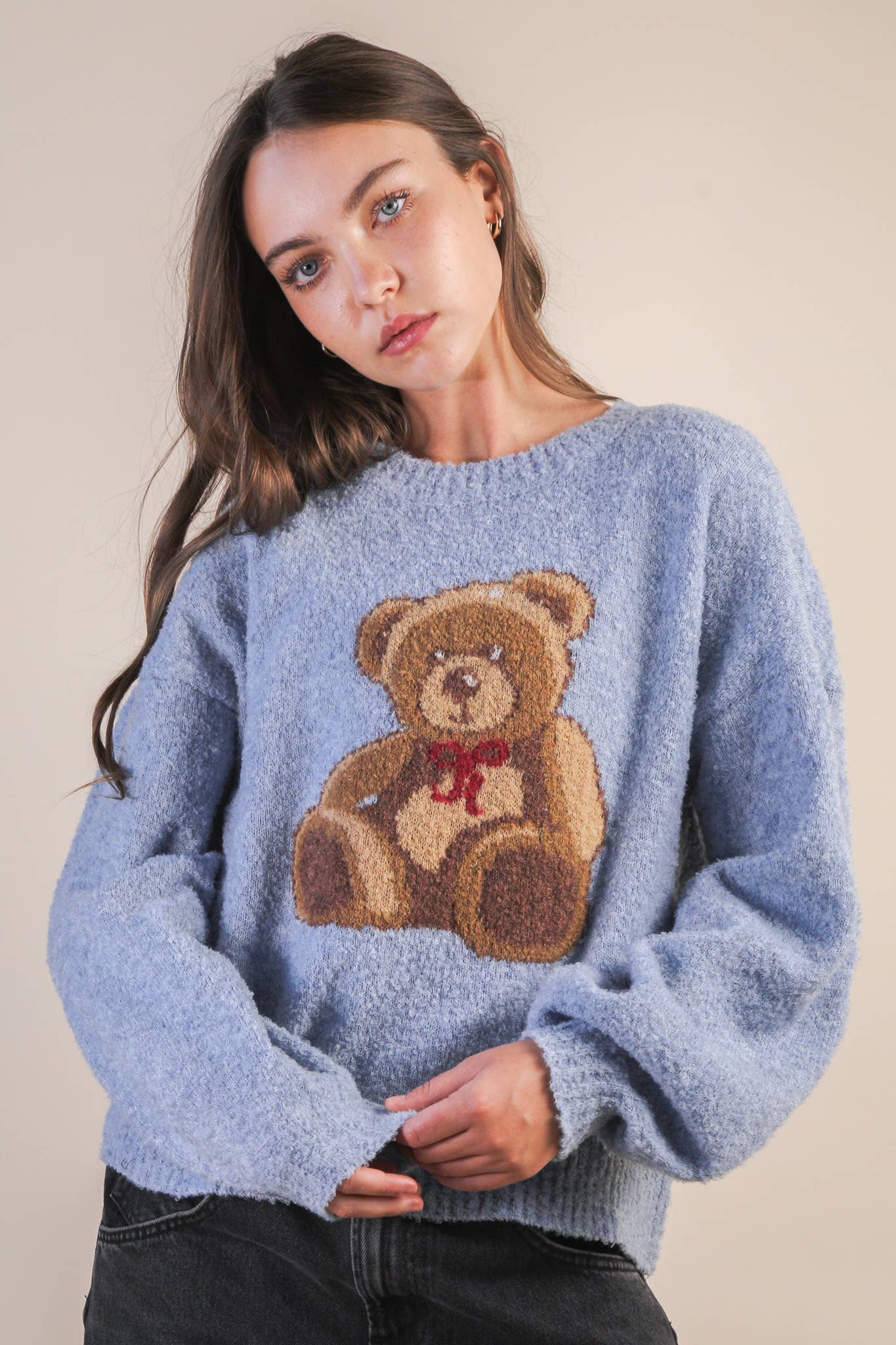 -Teddy Bear Graphic Cozy Sweater Knit Top