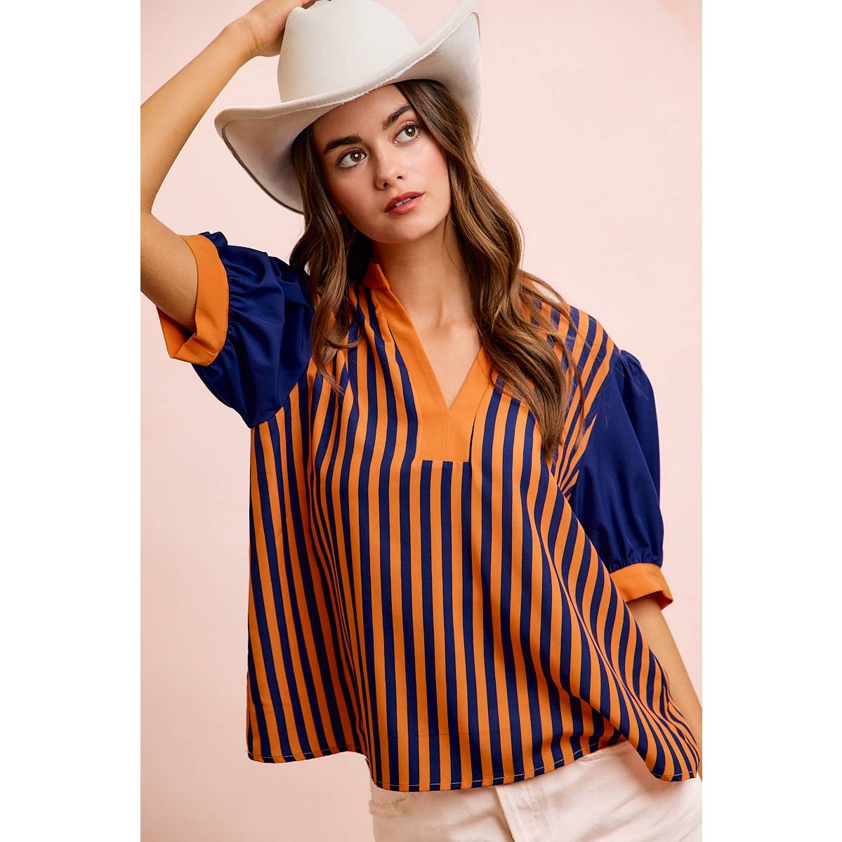 GAMEDAY THEME STRIPED WOVEN BLOUSE TOP