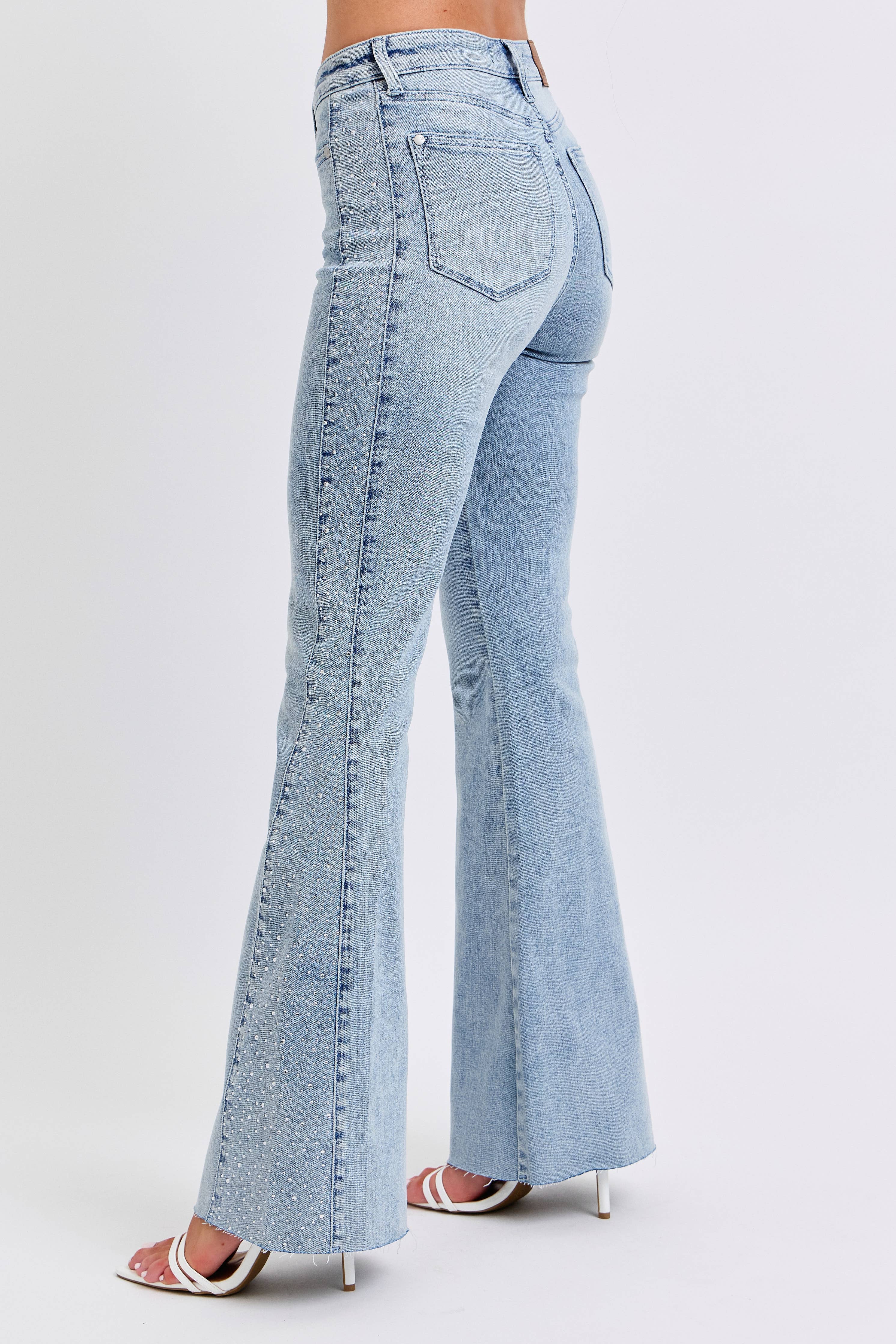 Mid- Rise Rhinestone Side Panel Detail Flare