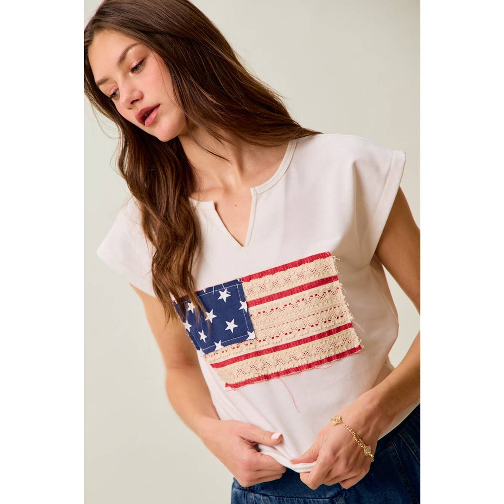 LACE TRIMMED AMERICAN FLAG FOURTH OF JULY 🇺🇸 TERRY KNIT TOP
