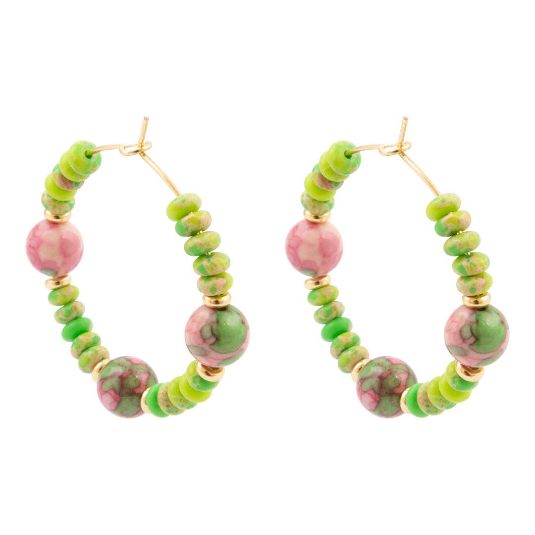 Watermelon Jade and Green Jasper Golden Hoop Earrings