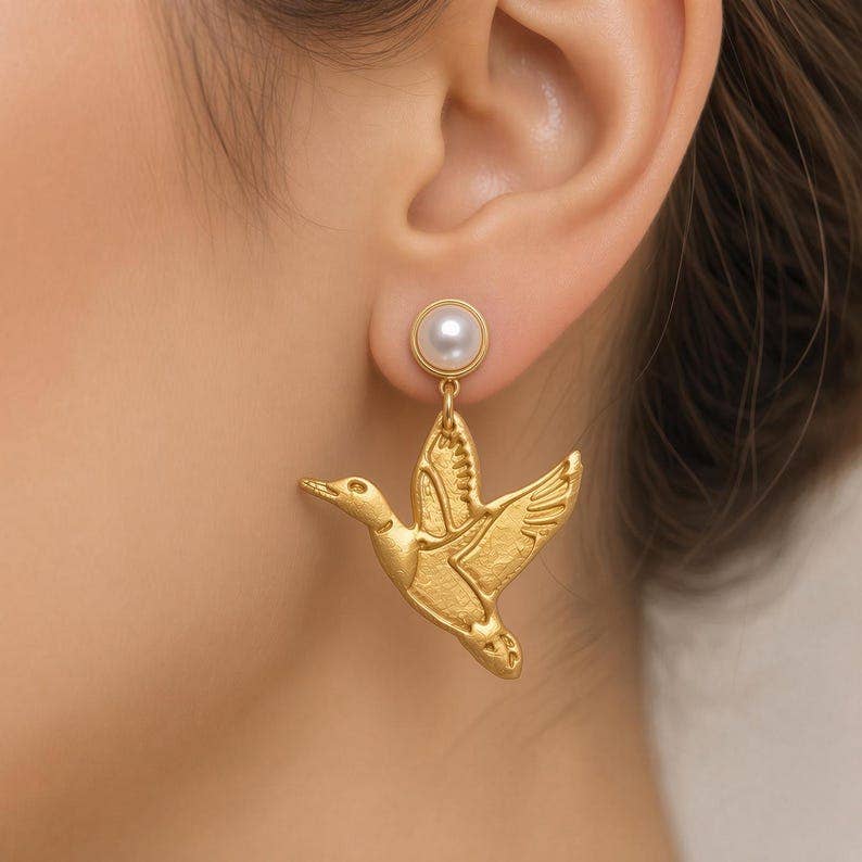 Gold Flying Duck Polymer Clay Earrings, Pearl Studs