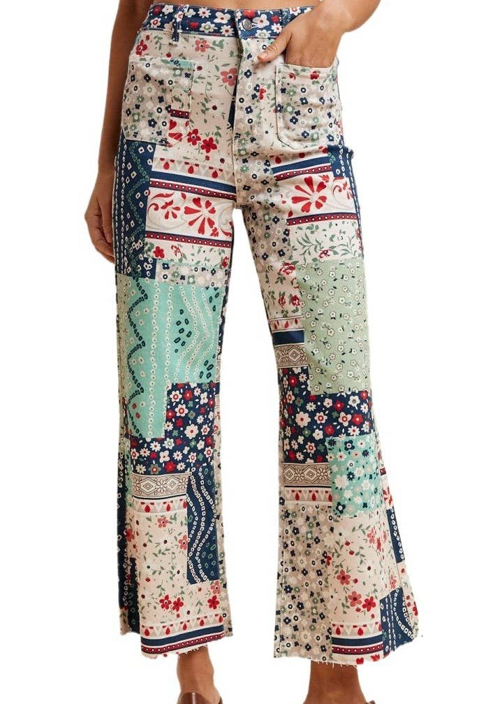 Floral Patchwork Print Cropped Flare Pants