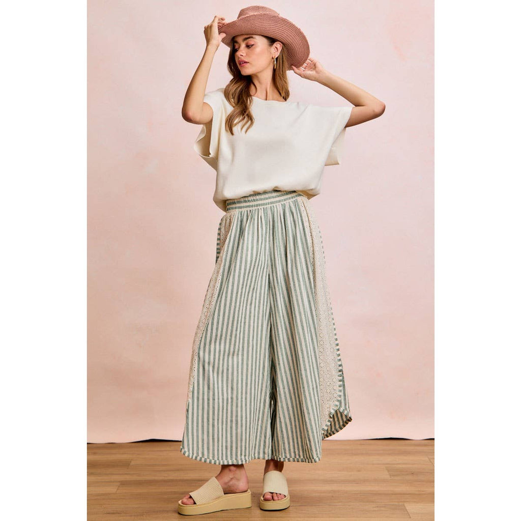 FLORAL EYELET SIDE ELASTIC STRIPES WIDE LEG PANTS