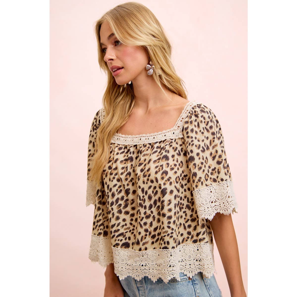 LEOPARD LACE MIX AND MATCH SQUARE NECKLINE TOP