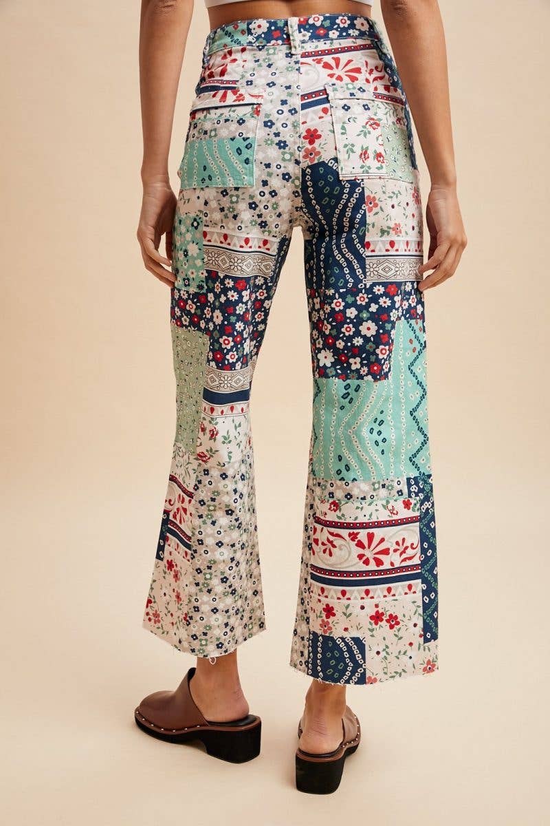 Floral Patchwork Print Cropped Flare Pants