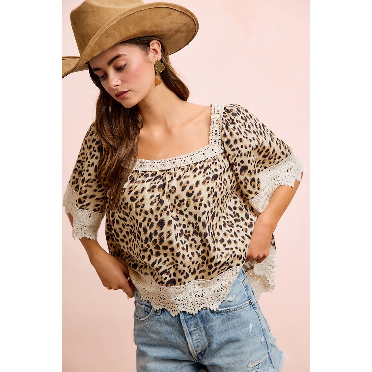 LEOPARD LACE MIX AND MATCH SQUARE NECKLINE TOP