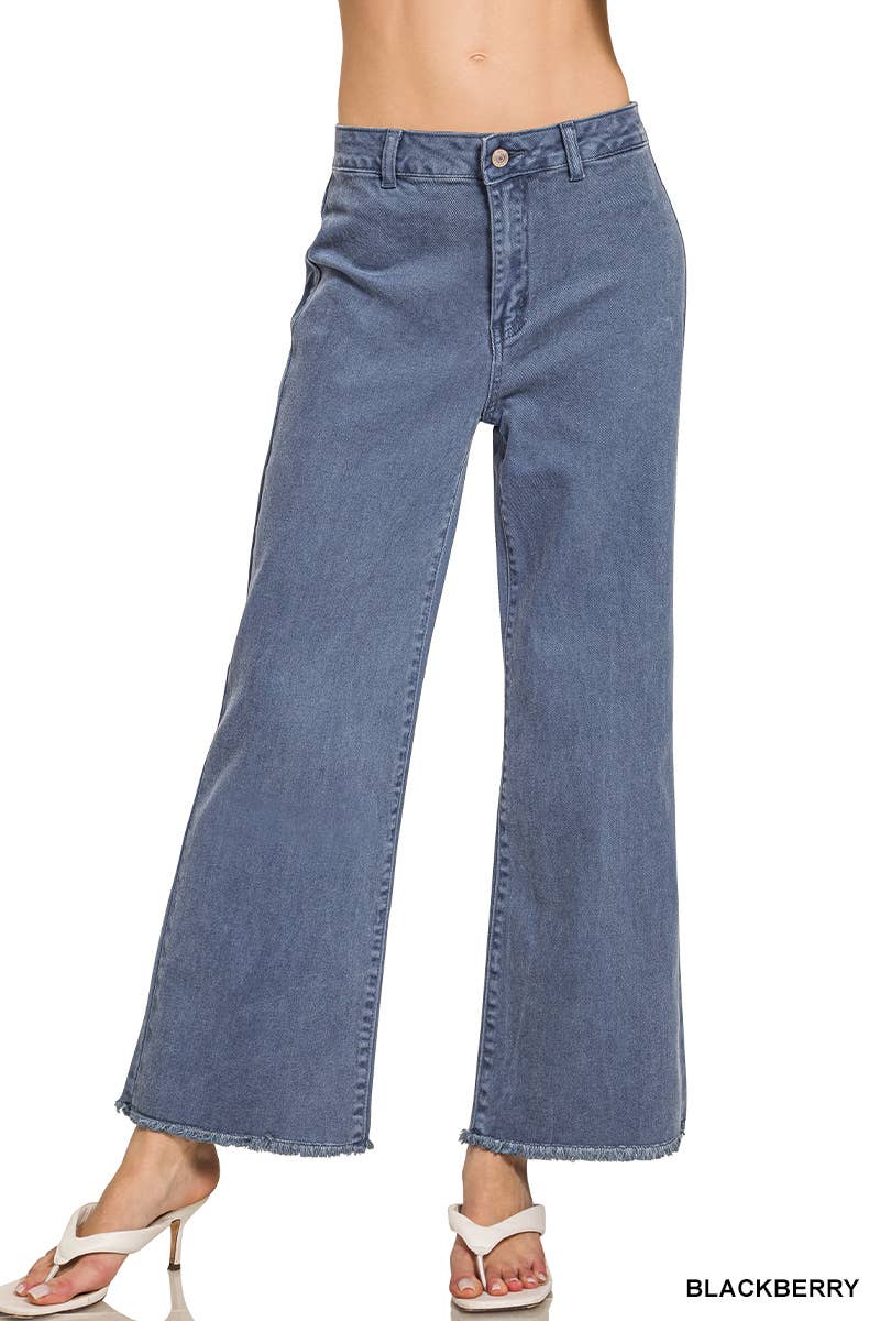 Acid Washed Frayed Cutoff Hem Straight Wide Pants